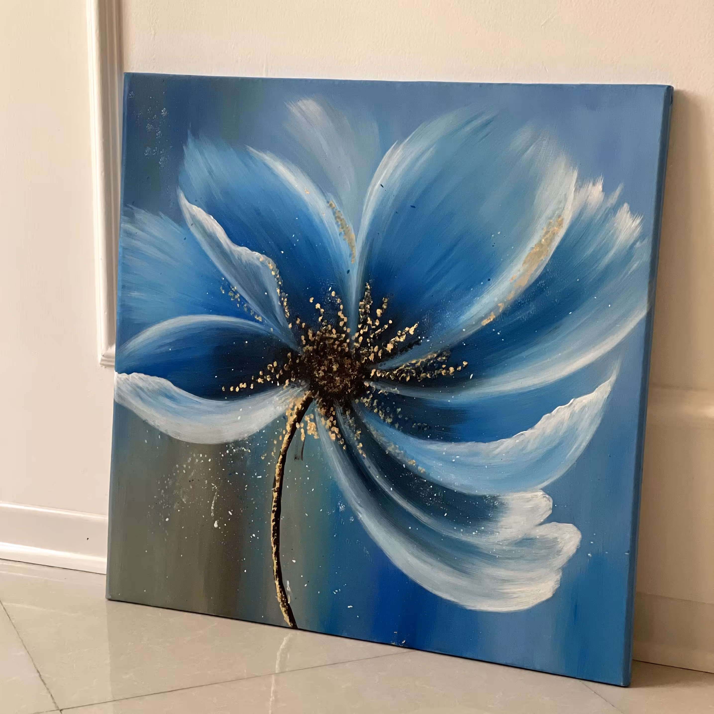 تابلو نقاشی گل آبی تکنیک آکریلیک 