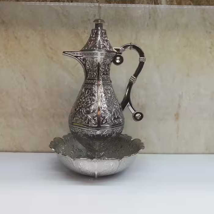 ست کاسه گلاب پاش دسته دار  ترک نقره ای