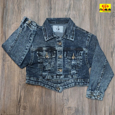 کت تک لی کوتاه کراپ آبی دخترانه پسرانه اسپرت طرح دار سنین 7 تا 13