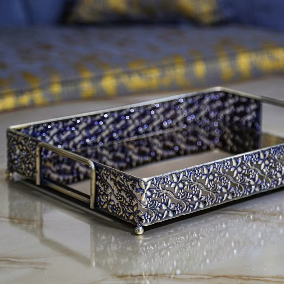 سینی کف آینه گل ریز مستطیل لبه دار طلایی و آنتیک 