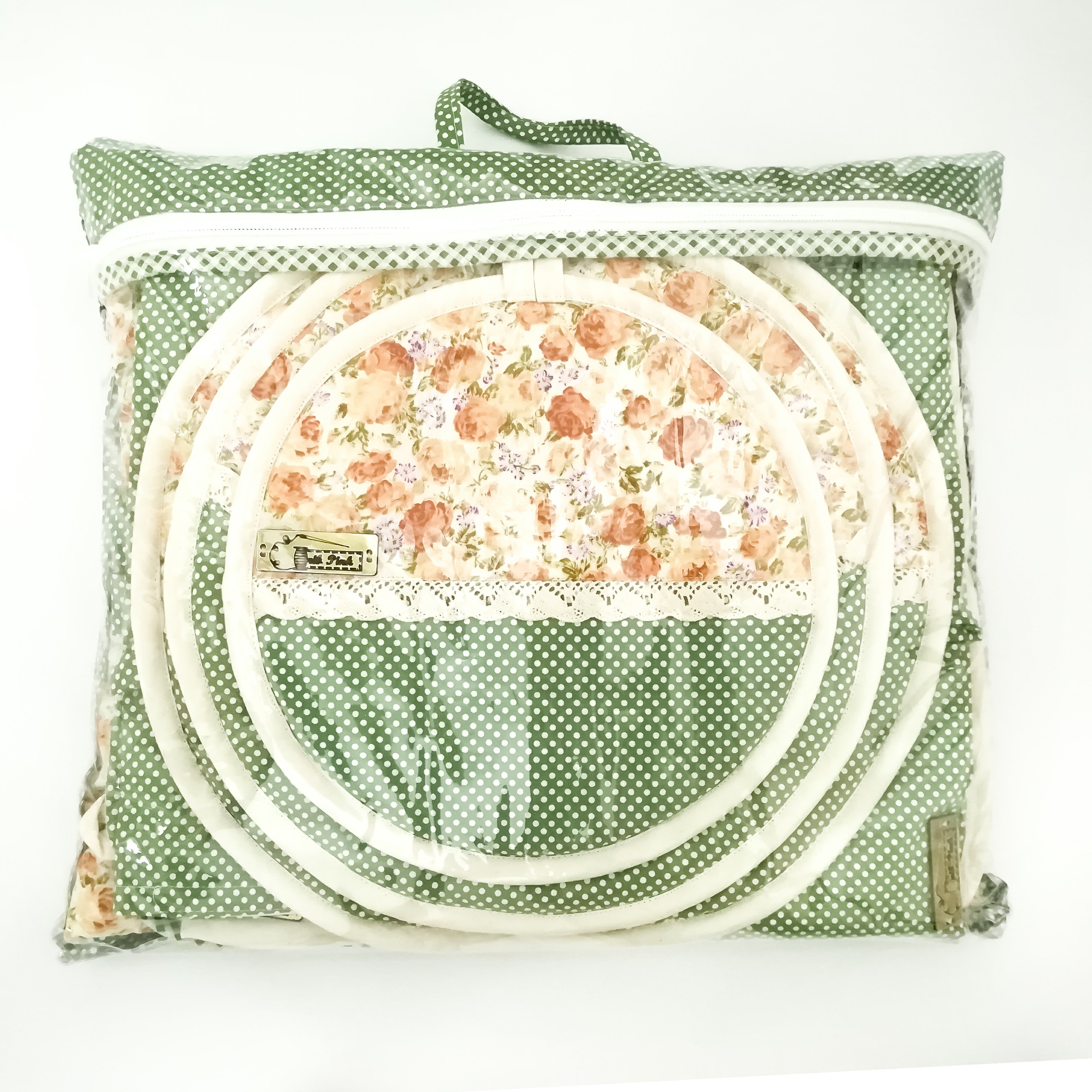  ست سرویس پارچه ای آشپزخانه 13 تکه اریب صورتی طرح گل رز ترکیب رنگ نخودی و سبز