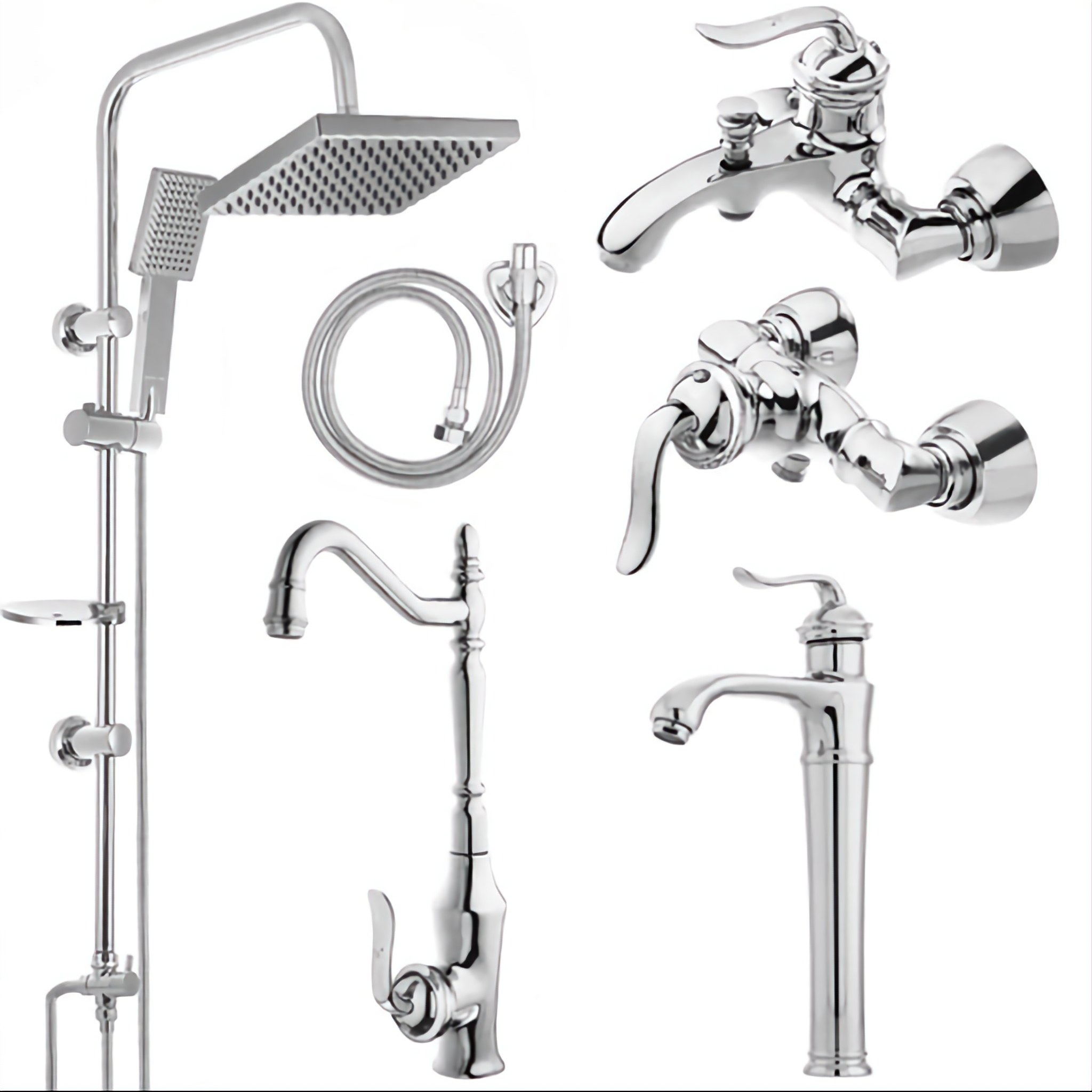 ست 6 تیکه شیرآلات کروم پایه بلند با علم دوش حمام و شلنگ توالت