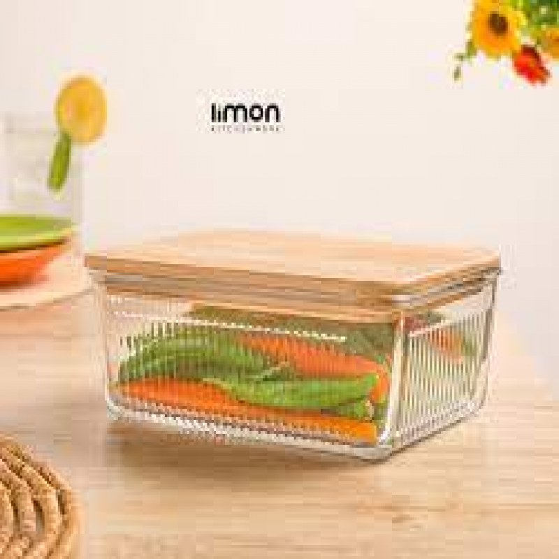 ظرف شیشه ای شیاردار 1،1 لیتر درب چوبی لیمون