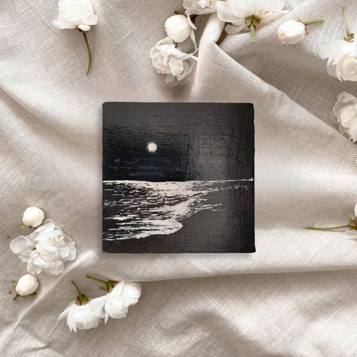 تابلو نقاشی طرح دریا کارشده روی بوم با رنگ اکریلیک ابعاد ده در ده