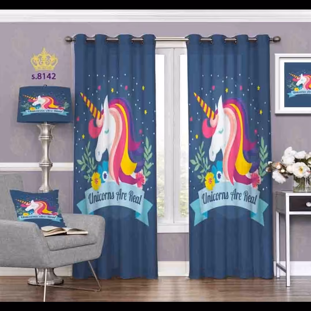 پرده اتاق خواب دخترانه دو قواره طرح یونیکورن کد S8142