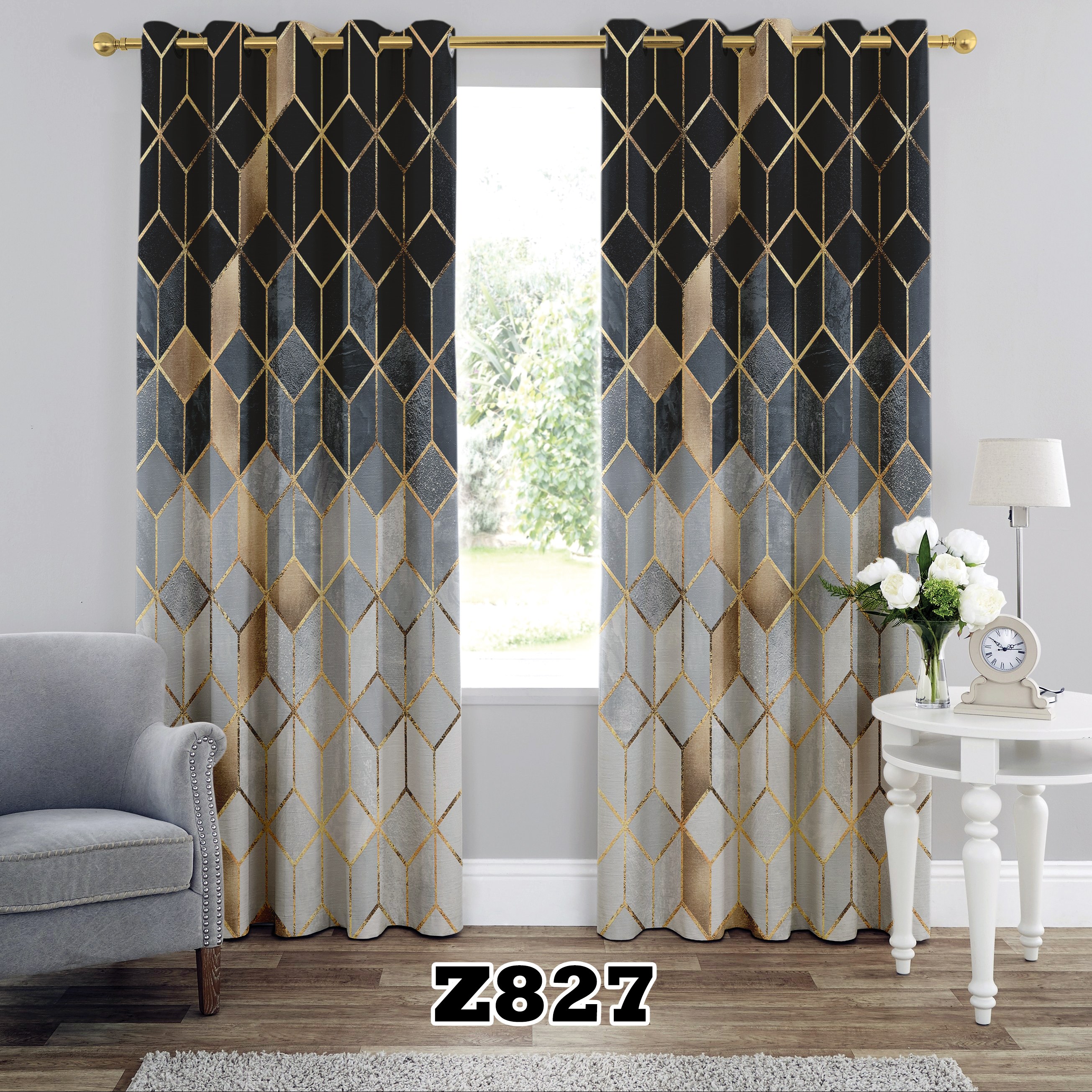 پرده چاپی پانچی طرح هندسی کد Z827 تک قواره ارتفاع 300 عرض 140 سانت