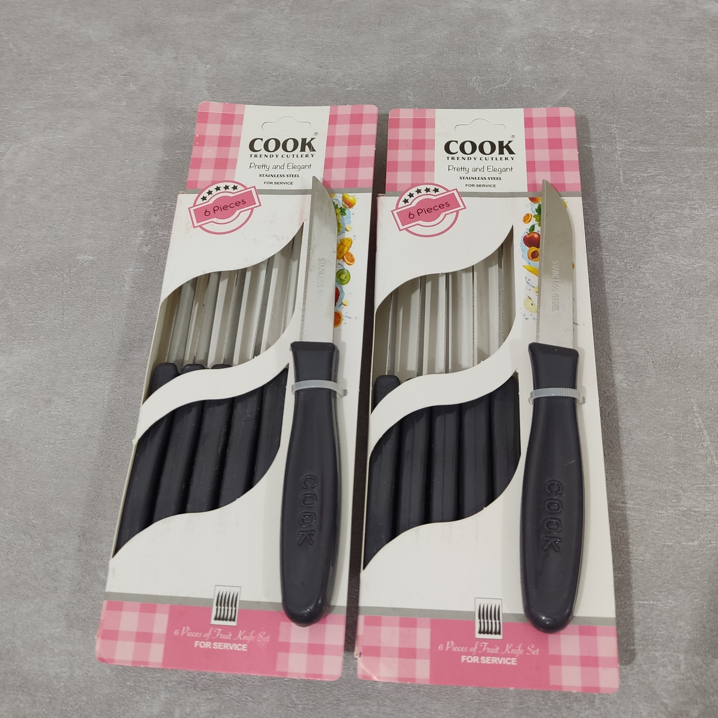 کارد میوه خوری رنگ مشکی بسته 6 عددی مارک cook کوک تیغه تیز و ساده دسته پلاستیک فشرده چاقو سیاه قیمت مناسب طول 15سانت