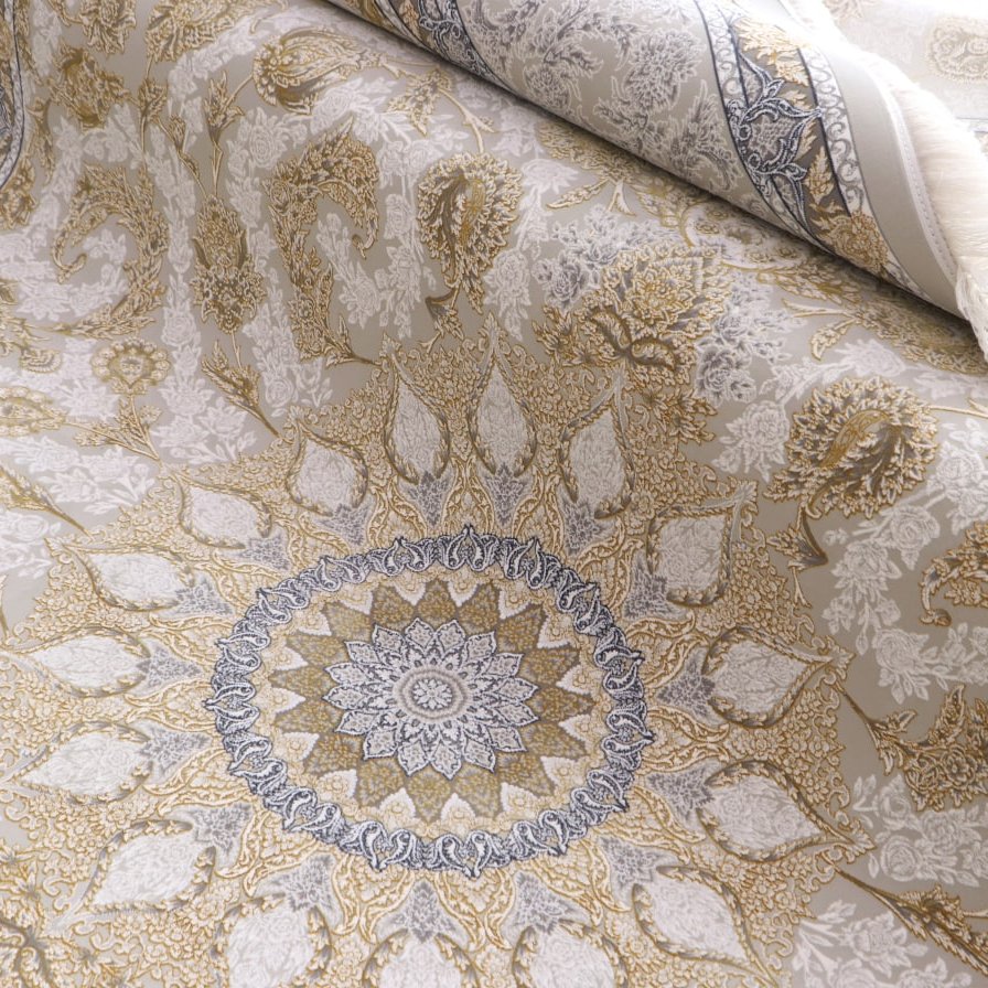 فرش  اکرلیک 12متری 1200 شانه گل برجسته  طلاکوب طرح مهرسا رنگ کرم