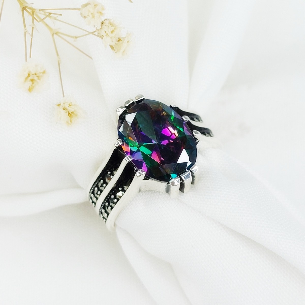 انگشتر نقره سنگ هفت رنگ مردانه ترک کد 10698