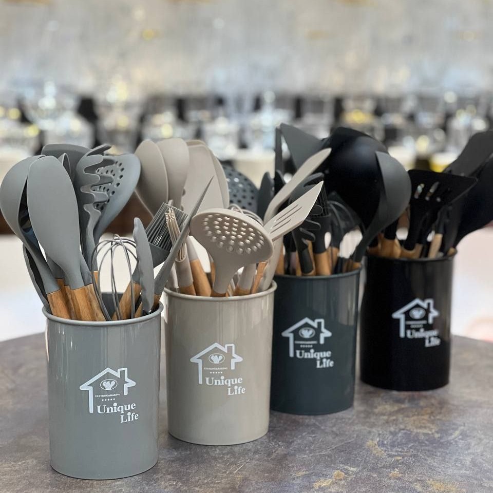 ست کفگیر ملاقه 12پارچه یونیک لایف  رنگ مشکی،طوسی،طوسی تیره ،عمده و تک