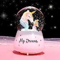 گوی موزیکال برفی پمپی و چراغدار طرح دختر و اسب تکشاخ مدل My Dreams