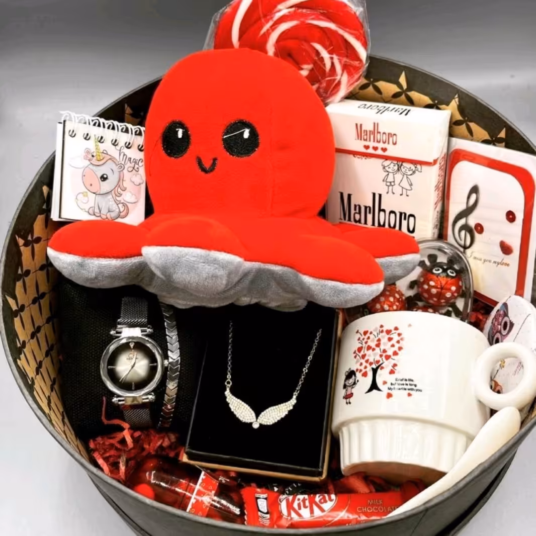 پک کادویی شامل اقلام توصیر عروسک مودی ست ساعت و دستبند گردنبند نگین کاری شده ماگ