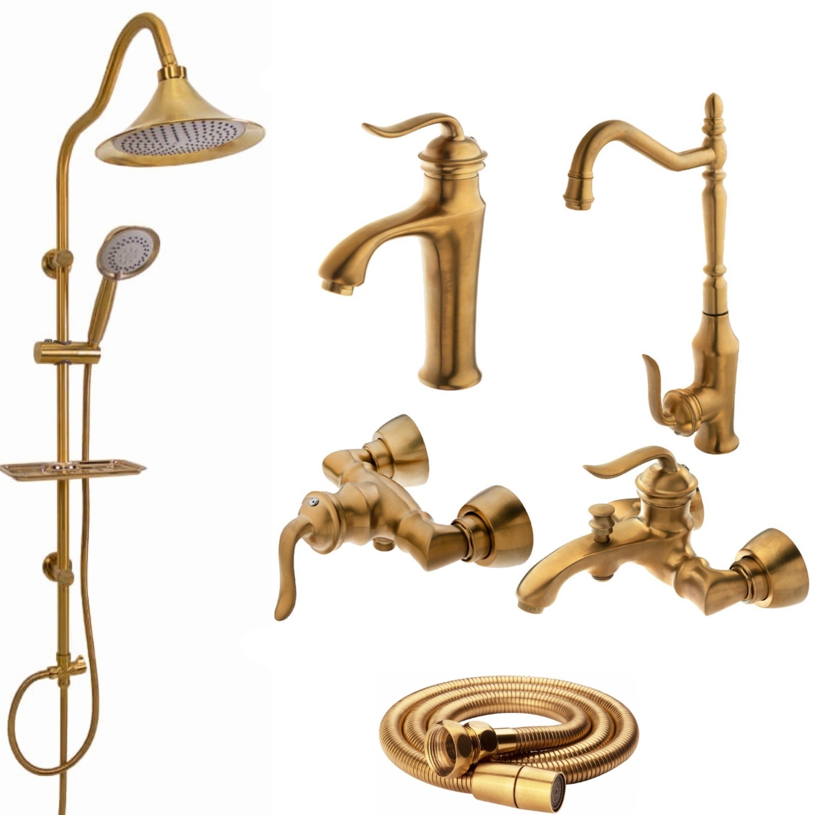 ست شیرآلات رز مدل آرنیکا طلایی مات مجموعه 6 عددی به همراه علم دوش شیپوری و شلنگ سرویس بهداشتی 