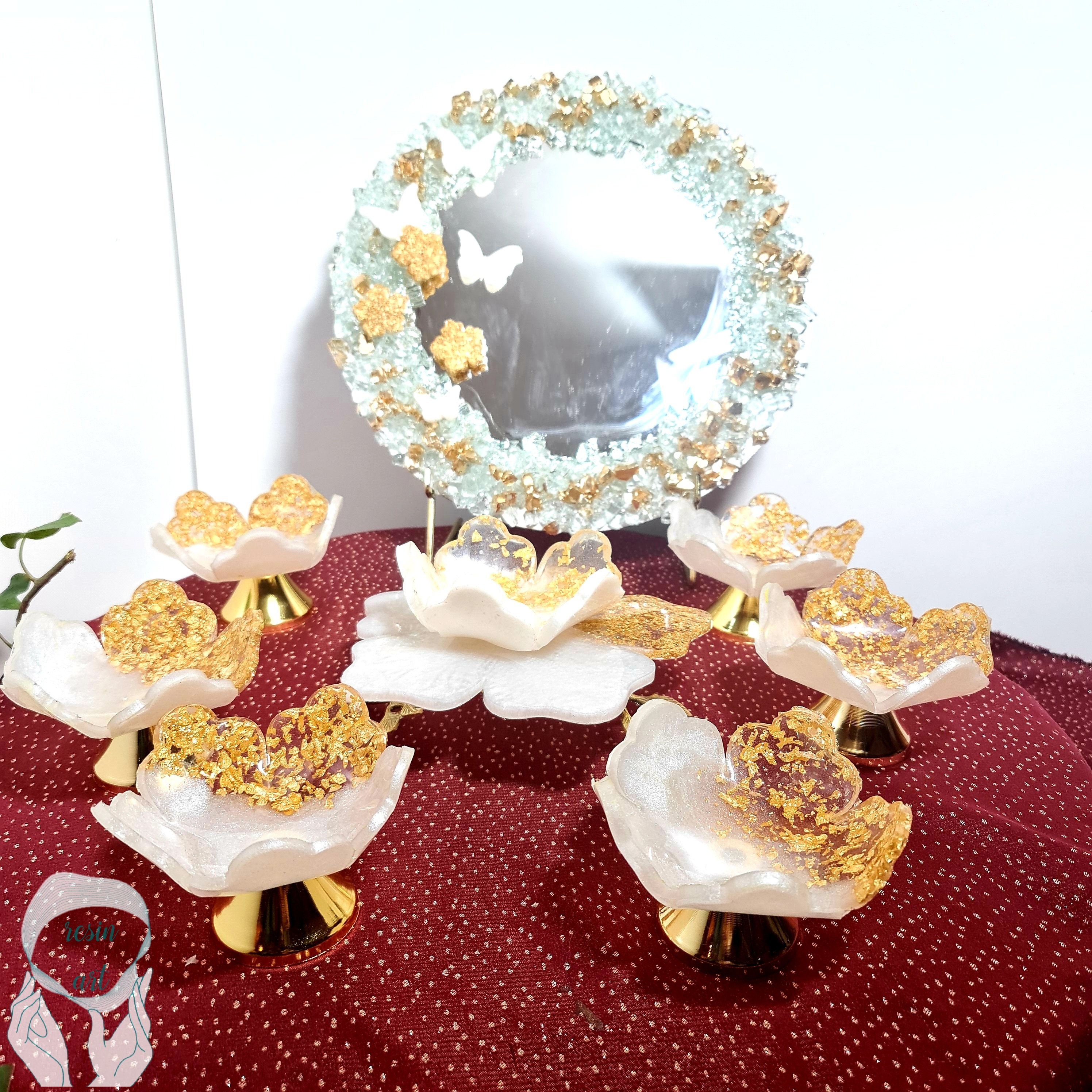 هفت سین رزینی طرح شکوفه های بهاری کارشده با ورق طلا