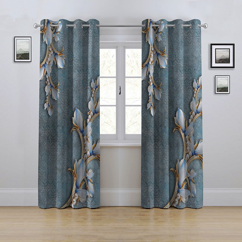 پرده پانچی مدل گل ارکیده آبی ابعاد ارتفاع280در عرض145