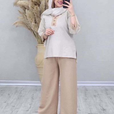 مانتو شلوار زنانه لنین مدل ست تونیک لنین لمه دار و شلوار ابروبادی پارکو