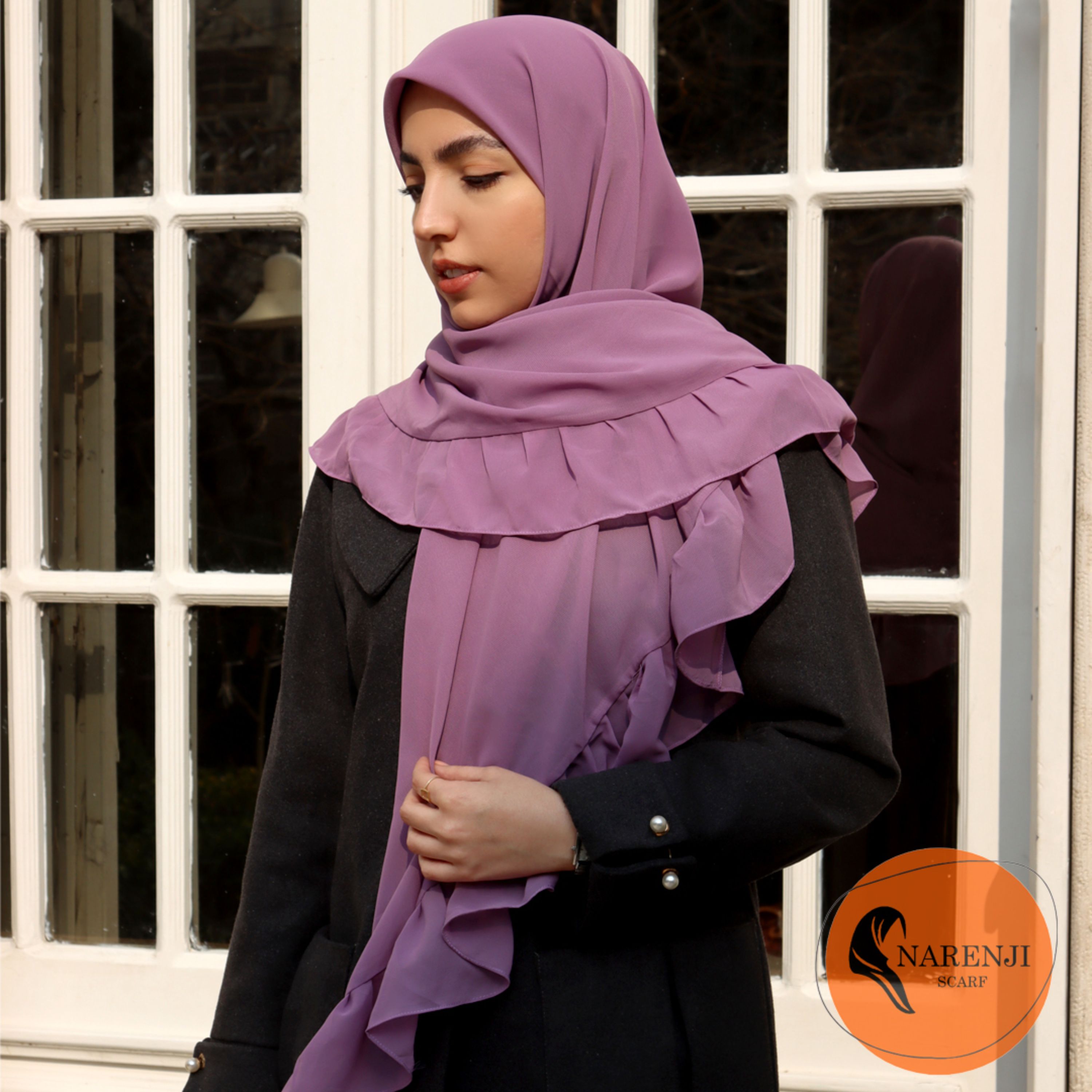 روسری حریر کرپ بنفش یاسی دورچین دار