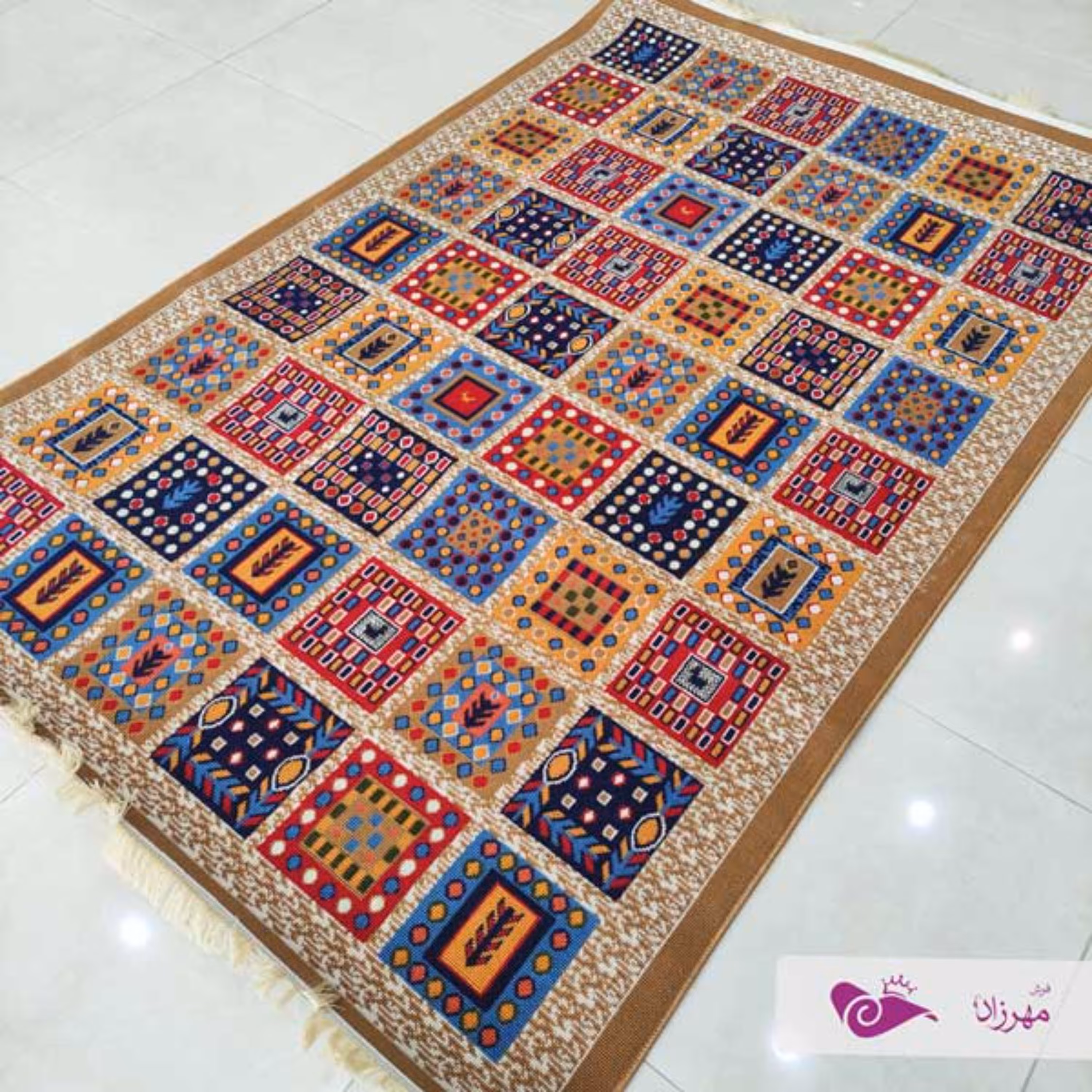 گلیم ماشینی 6 متری طرح سرامیکی بژ