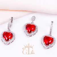 نیم ست نقره با نگین طرح قلب قرمز مشابه طلا سفید کد 4600