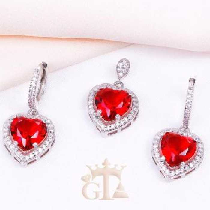 نیم ست نقره با نگین طرح قلب قرمز مشابه طلا سفید کد 4600