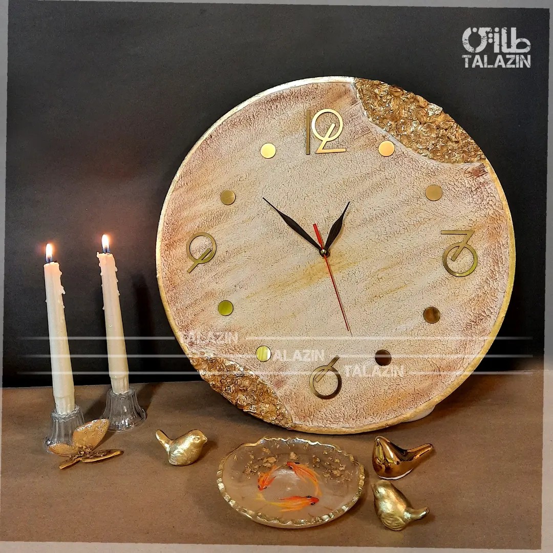 ساعت دیواری طرح مرر صدفی،طلایی،موتور آرامگرد