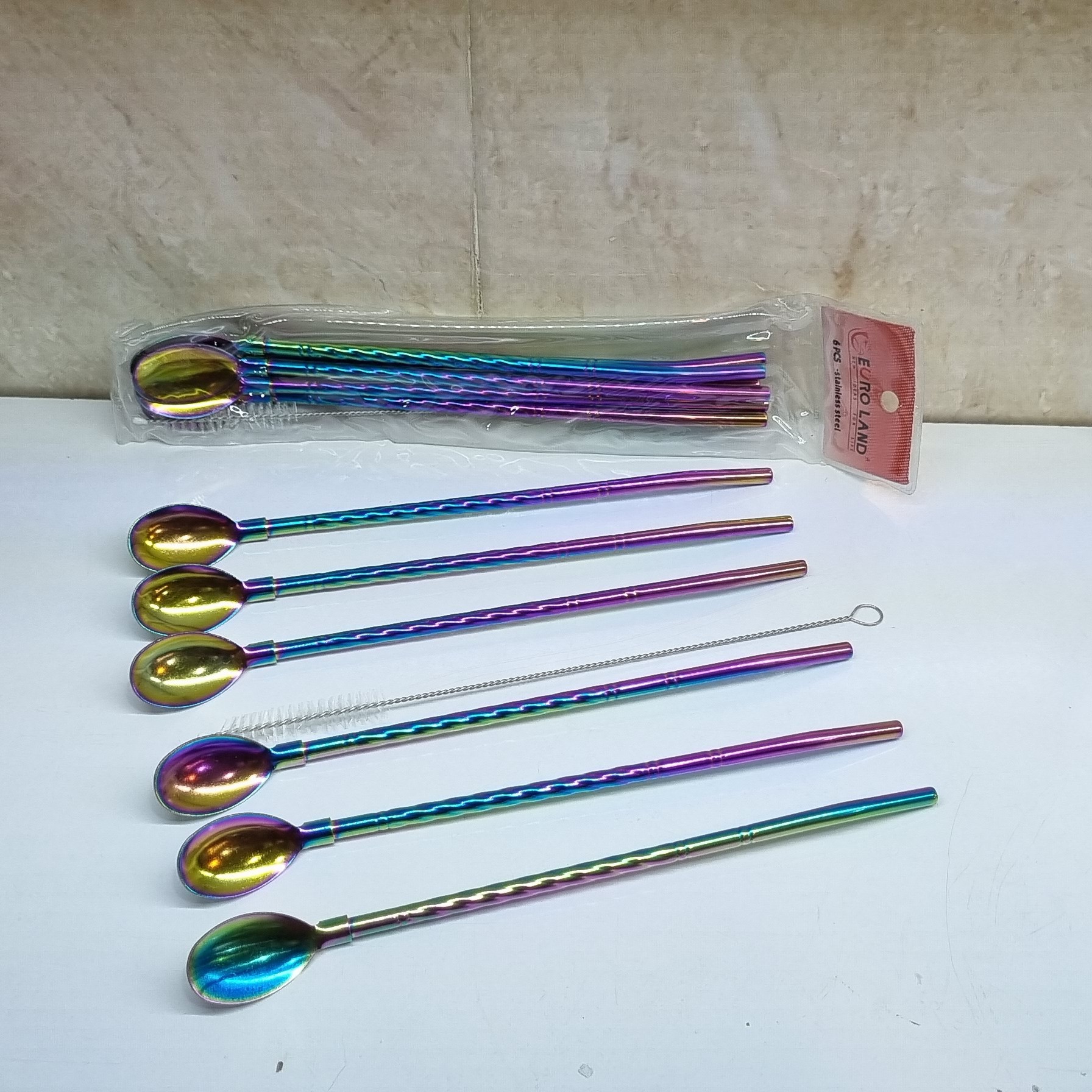 نی شربت قاشق دار استیل هفت رنگ ضخیم فرچه دار  یورولند