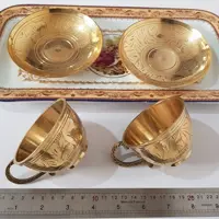 فنجان و نعلبکی برنجی برنزی 6 نفری هندی مدل قلم دست رنگ ثابت سنگین و باکیفیت  تخفیف واقعی ارسال پسکرایه 