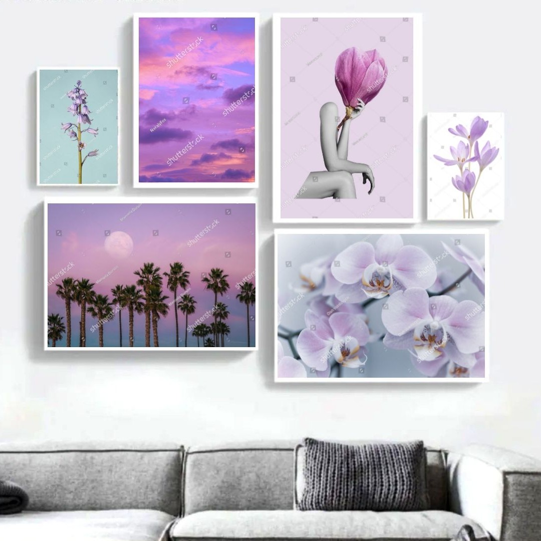 تابلو دکوراتیو منظره وگلهای رنگ بنفش شش تکه