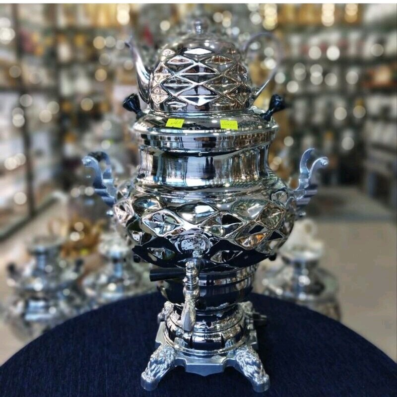 سماور گازی فیلکو سه کاره ورق ضخیم 8لیتر بدنه برنج آبکاری کروم (طرح دار)