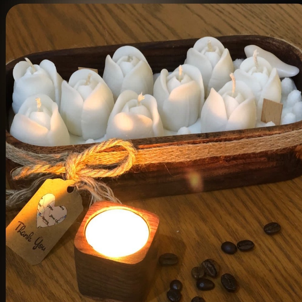 شمع سبد گل رز سفید با چوب گردو