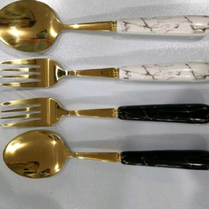 قاشق وچنگال ماربل دسته سرامیکی  (طرح سنگ6تاقاشق و6تا چنگال