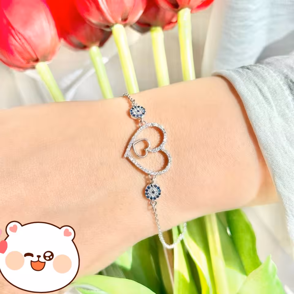 دستبند نقره زنانه طرح قلب و چشم نظر  عیار925 و آبکاری رادیوم