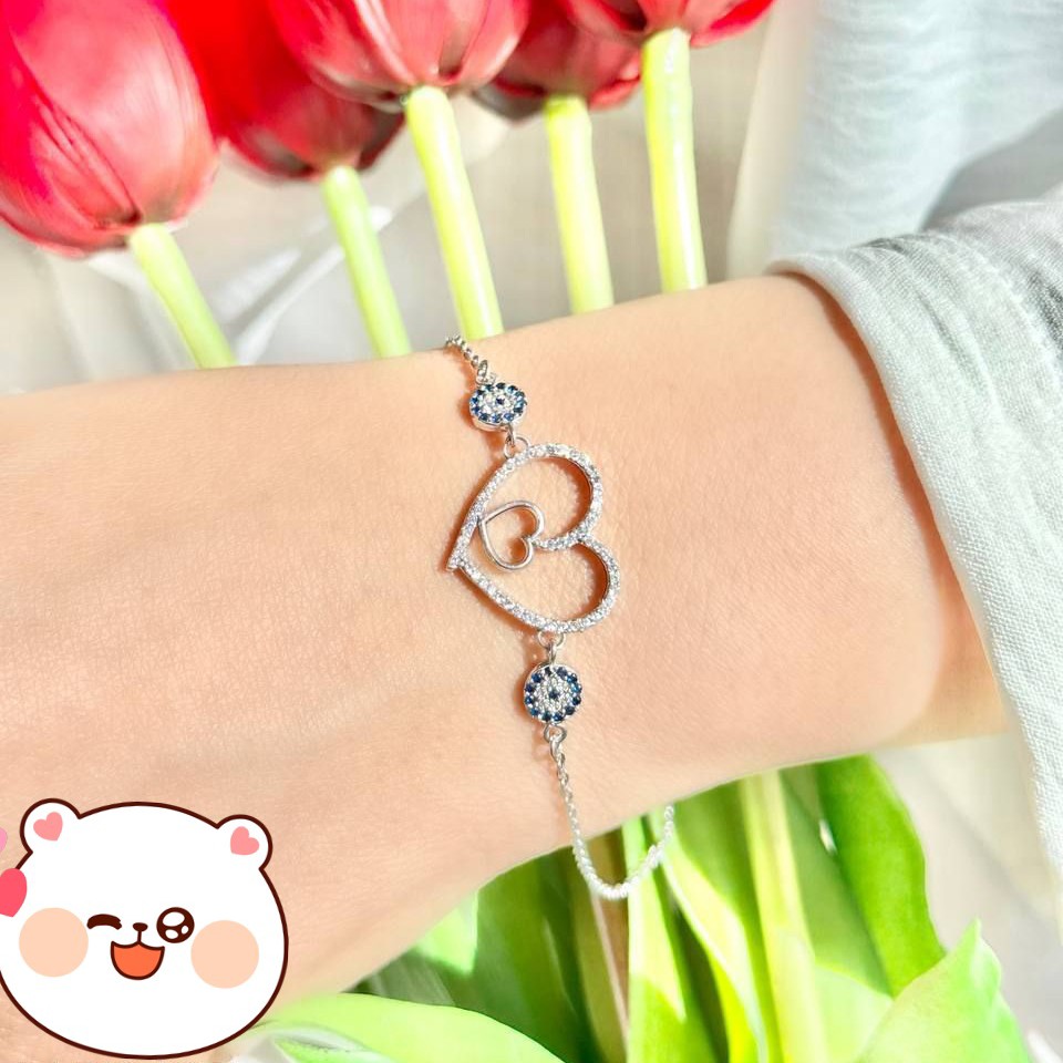 دستبند نقره زنانه طرح قلب و چشم نظر  عیار925 و آبکاری رادیوم