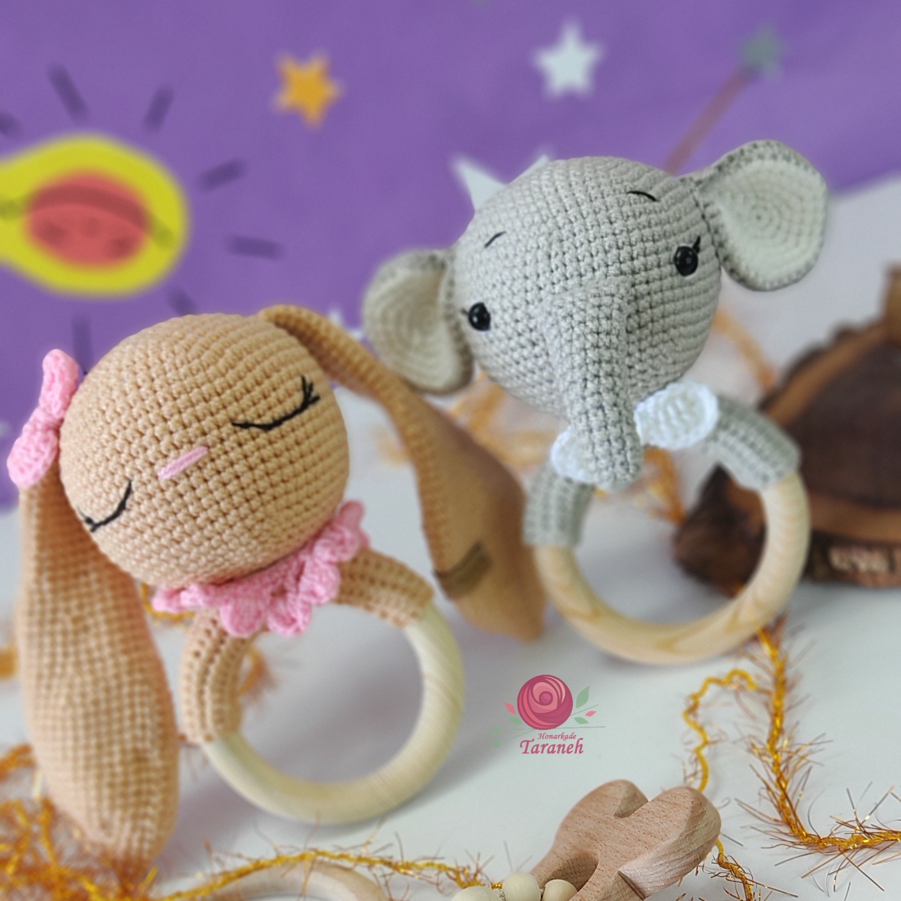 جغجغه عروسکی قلاب بافی عروسک خرگوش و فیل مخصوص سیسمونی 