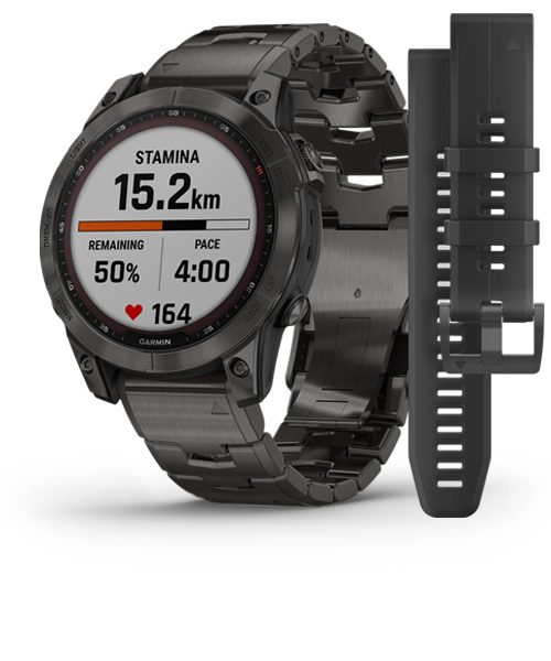 ساعت هوشمند گارمین مدل Fenix7 Sapphire Solar Carbon Grey DLC Titanium with Carbon Grey DLC Vented Titanium Band