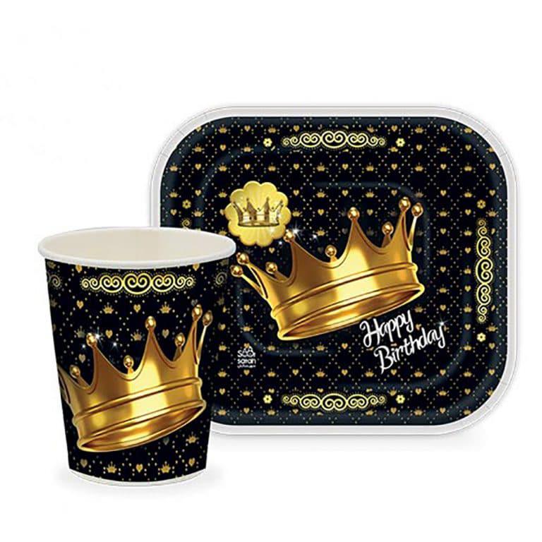 پیش دستی و لیوان تم تولد تاج مشکی طلایی | 12 عددی