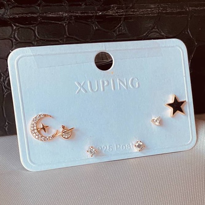 ست گوشواره سه تایی ماه و ستاره و نگین ژدپینگ رنگ ثابت و ضد حساسیت