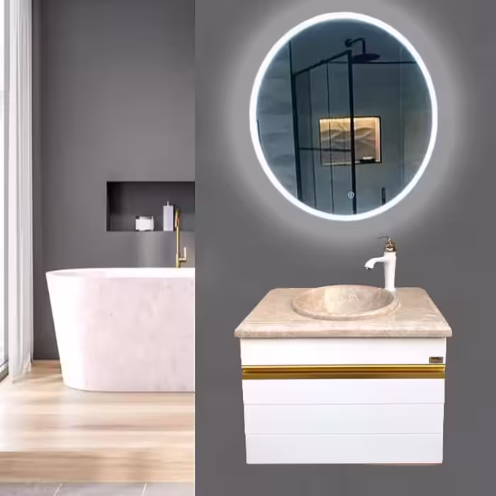 روشویی کابینتی دیواری سفید با سنگ طبیعی توکار کرم همراه  آینه بک لایت گرد (پس کرایه)