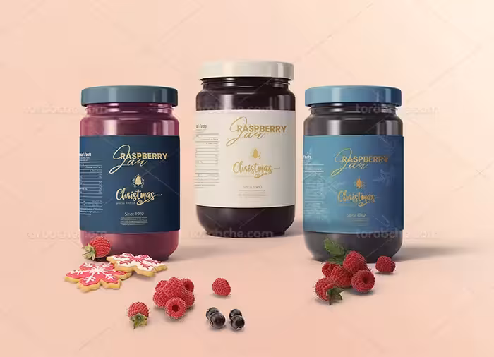 موکاپ ظرف مربا شیشه ای لایه باز | گرافیک با طعم تربچه