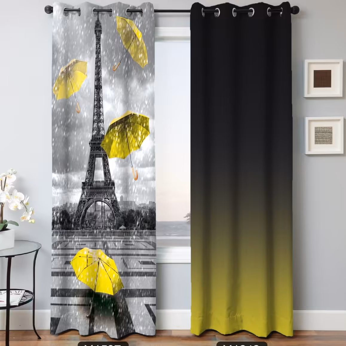 پرده پنل پانچ (یک جفت)هازان طرح برج ایفل با دوخت پانچ و حلقه  رینگ دار  برای سالن پذیرائی و خواب و اتاق کودک
