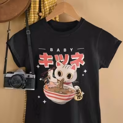 تیشرت مشکی طرح گربه نودلی