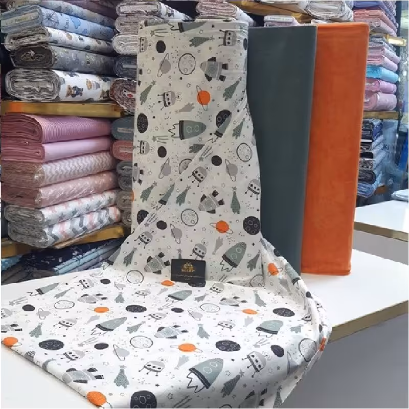 پارچه روتختی ملحفه ای کتان نخ ترک طرح عروسکی عرض2.4