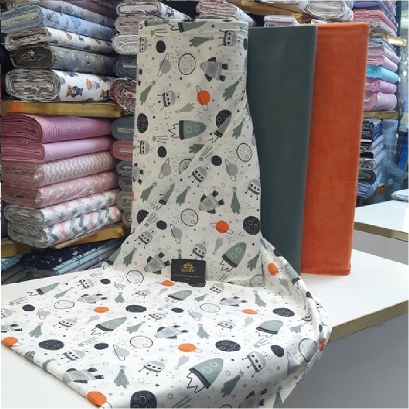 پارچه روتختی ملحفه ای کتان نخ ترک طرح عروسکی عرض2.4