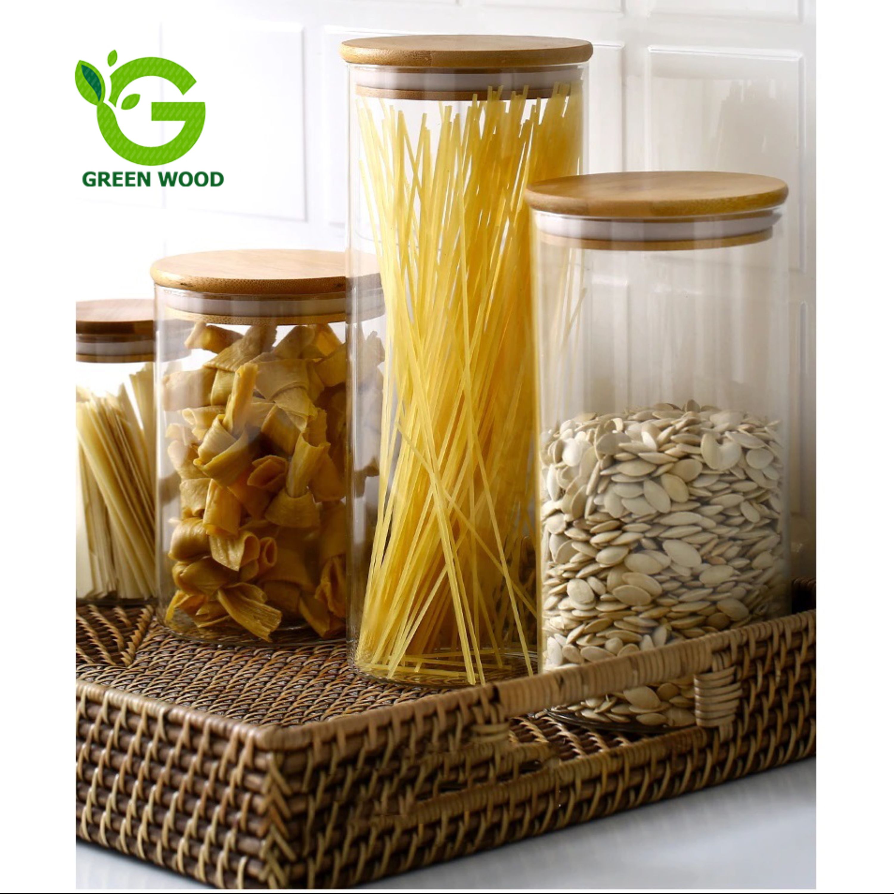 ست بانکه (جا حبوباتی) 5 عددی بامبو شیشه ای پیرکس مدل D10 کد Gw90301122