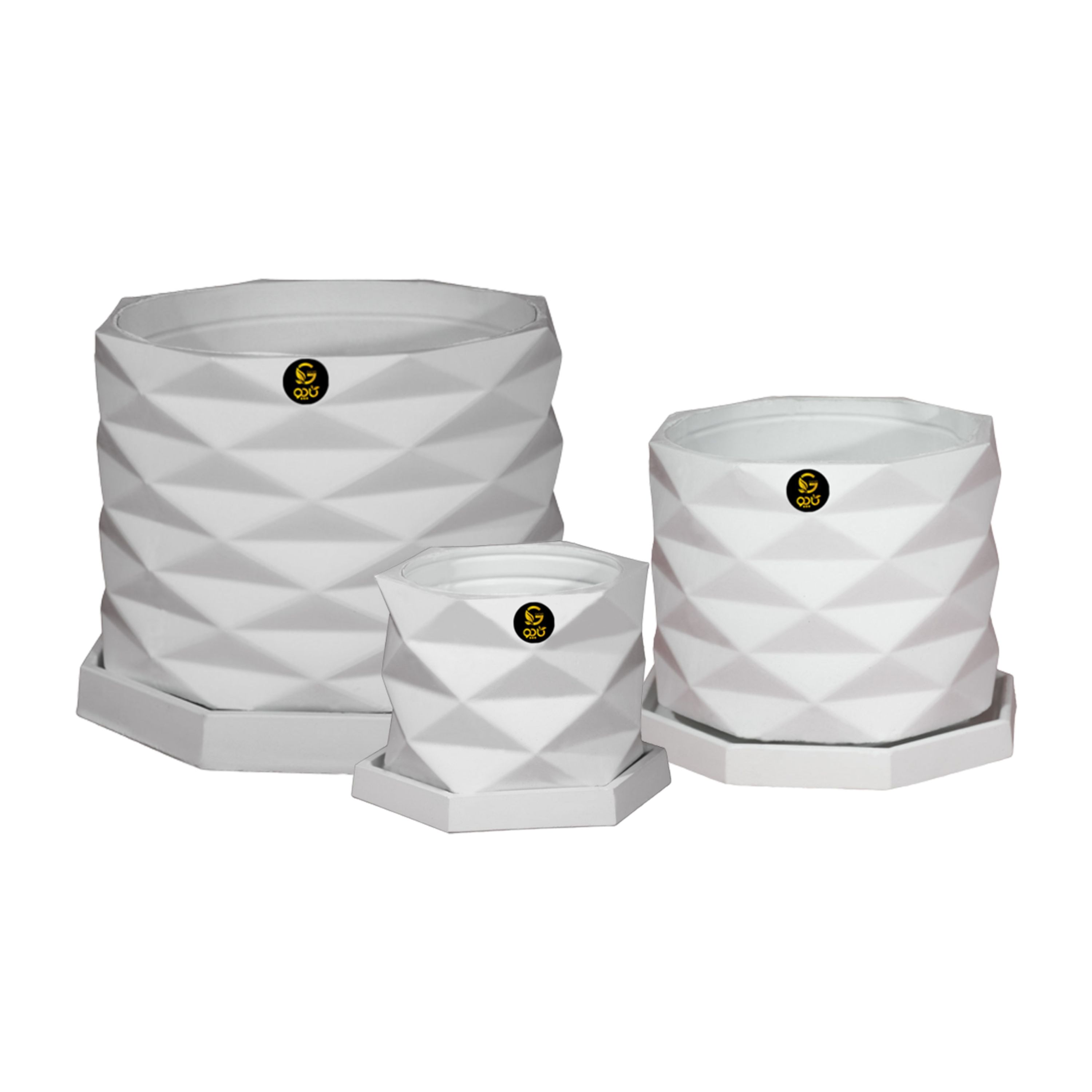 مجموعه سه عددی گلدان سیمانی مدل الماس کد B130 با رنگ سفید