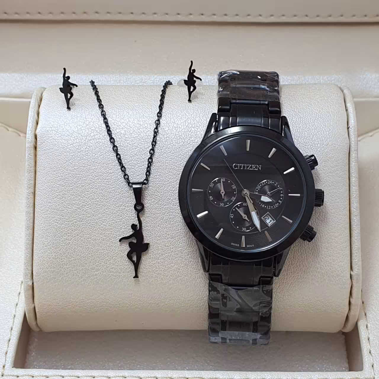 ست زنانه ساعت و نیم ست استیل سیتیزن تمام مشکی  چهار موتور فعال  بند استیل Citizen