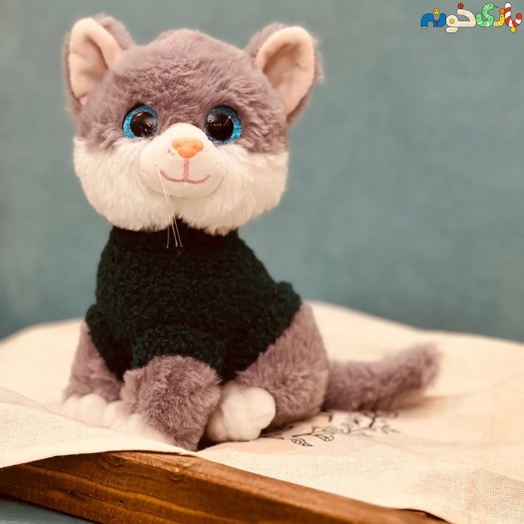 عروسک پولیشی گربه نشسته چشم تیله ای لباس بافت وارداتی ارتفاع 22 سانت 