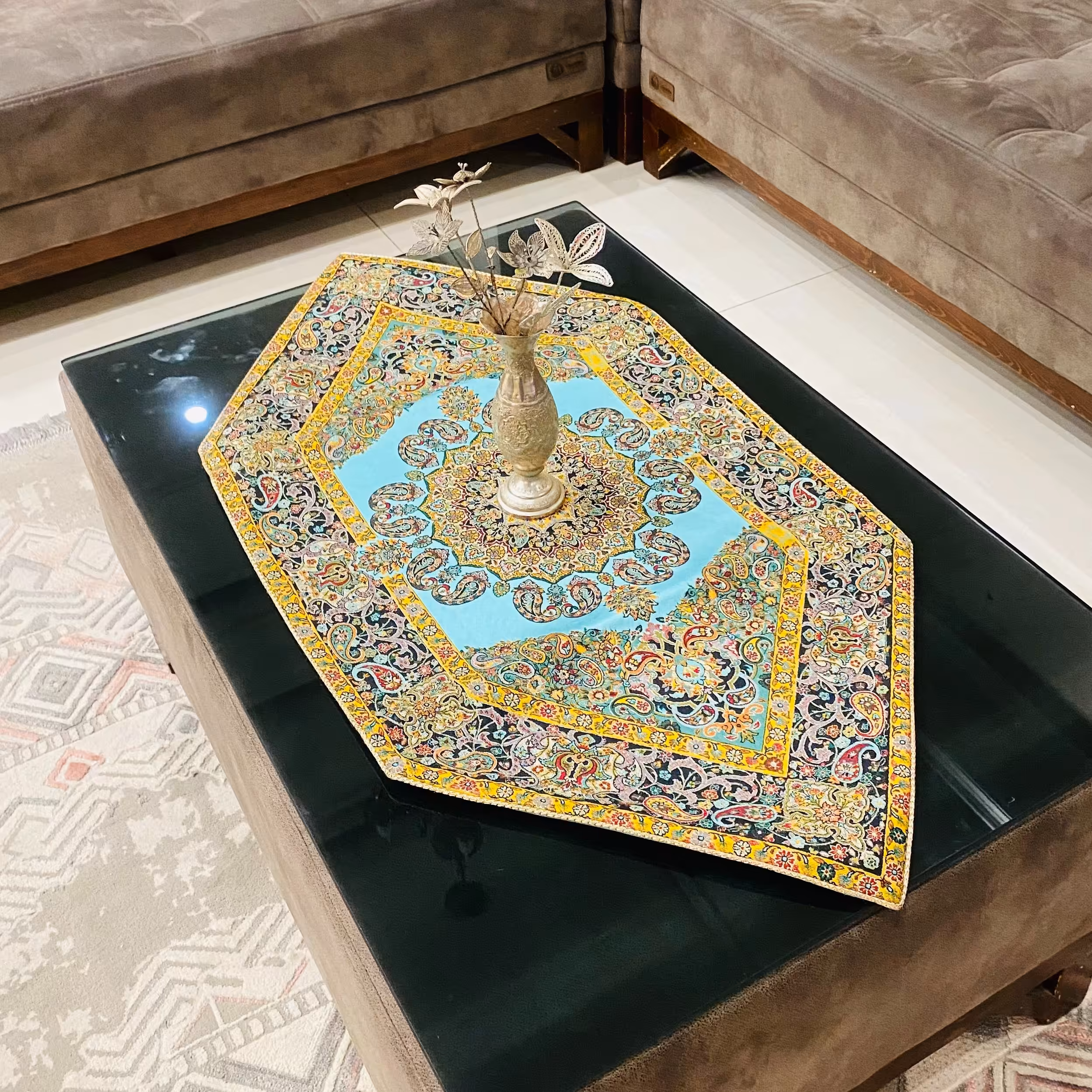 ست رومیزی پذیرایی ترمه سه تکه طرح آوین(سبزآبی)