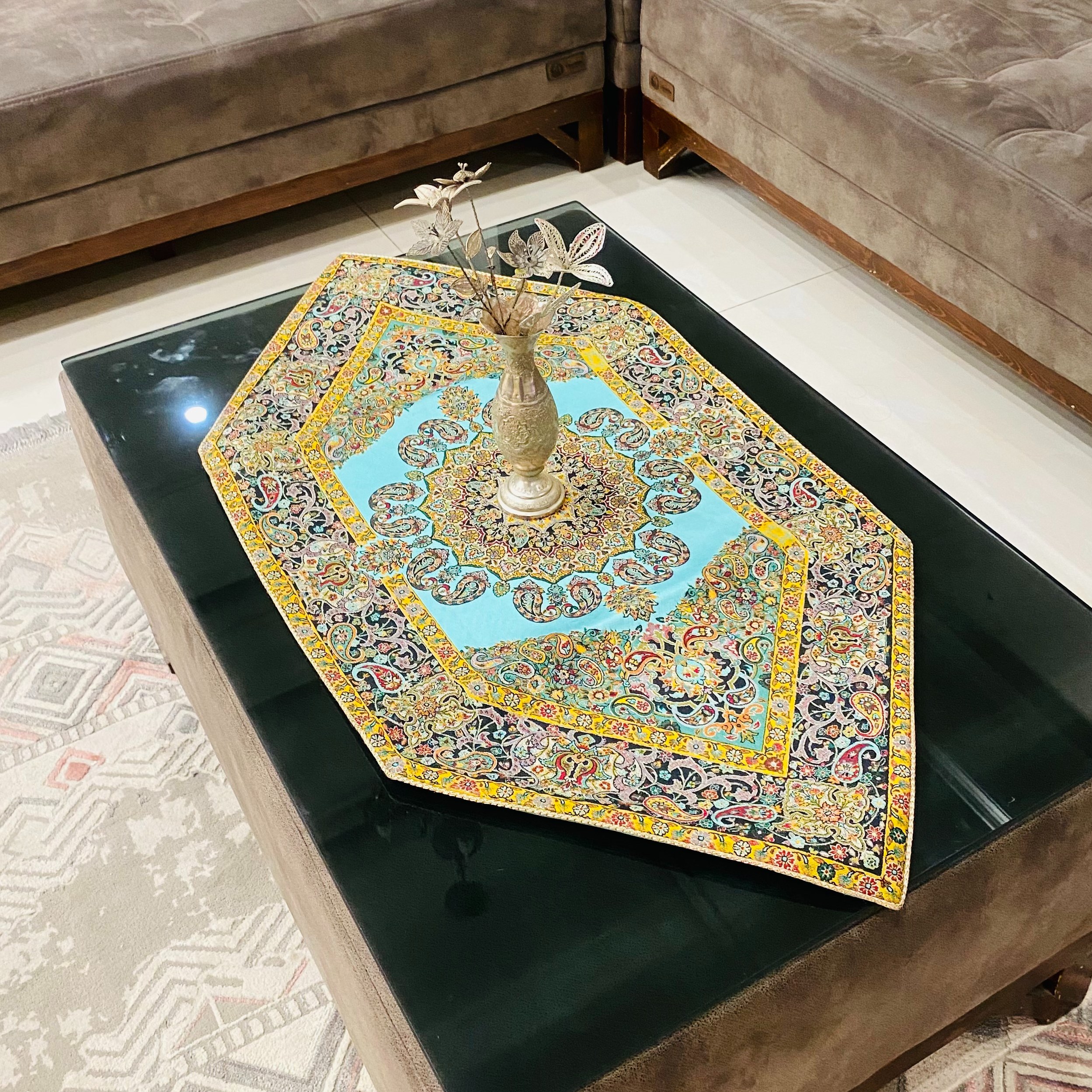 ست رومیزی پذیرایی ترمه سه تکه طرح آوین(سبزآبی)