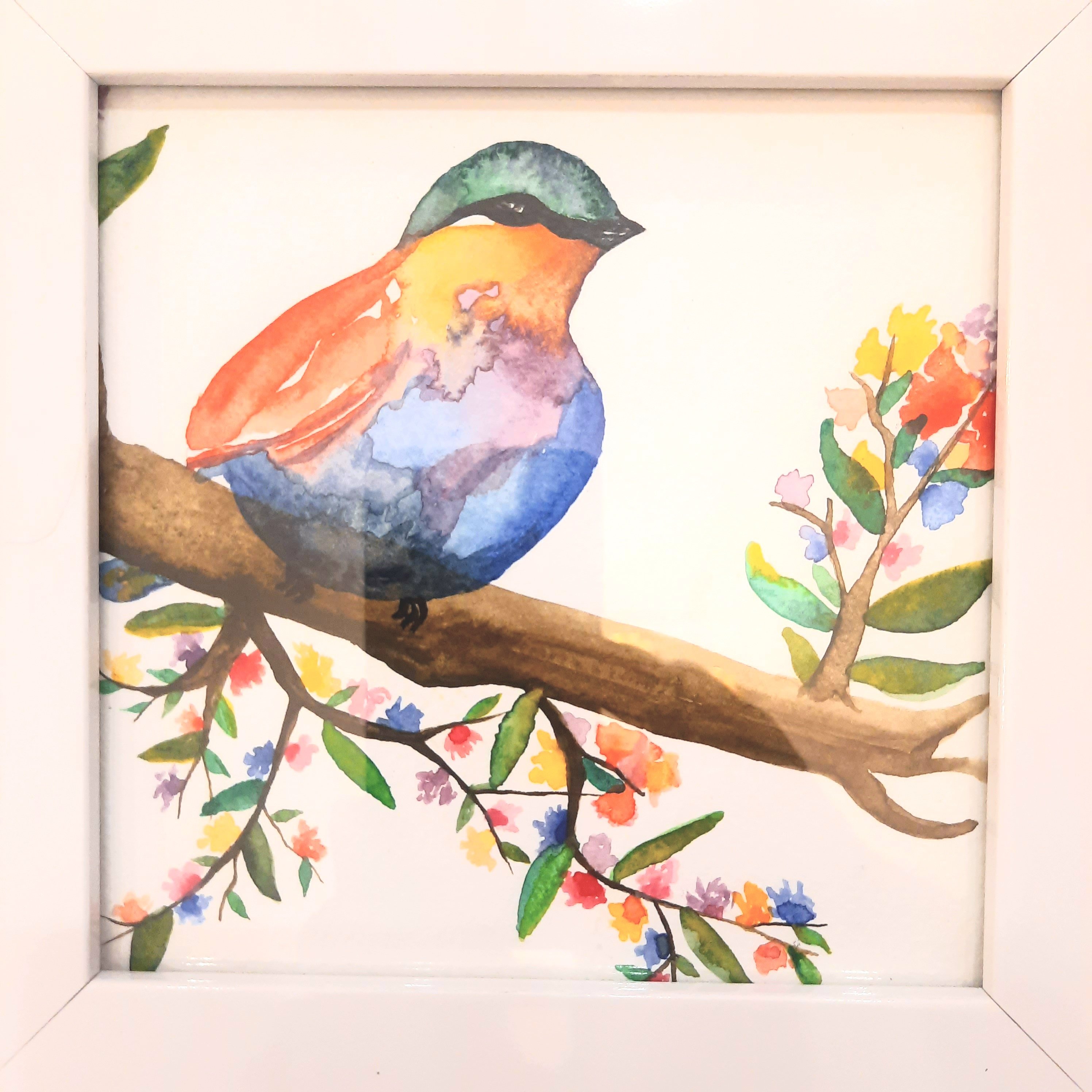 تابلو نقاشی آبرنگ طرح پرنده و گل